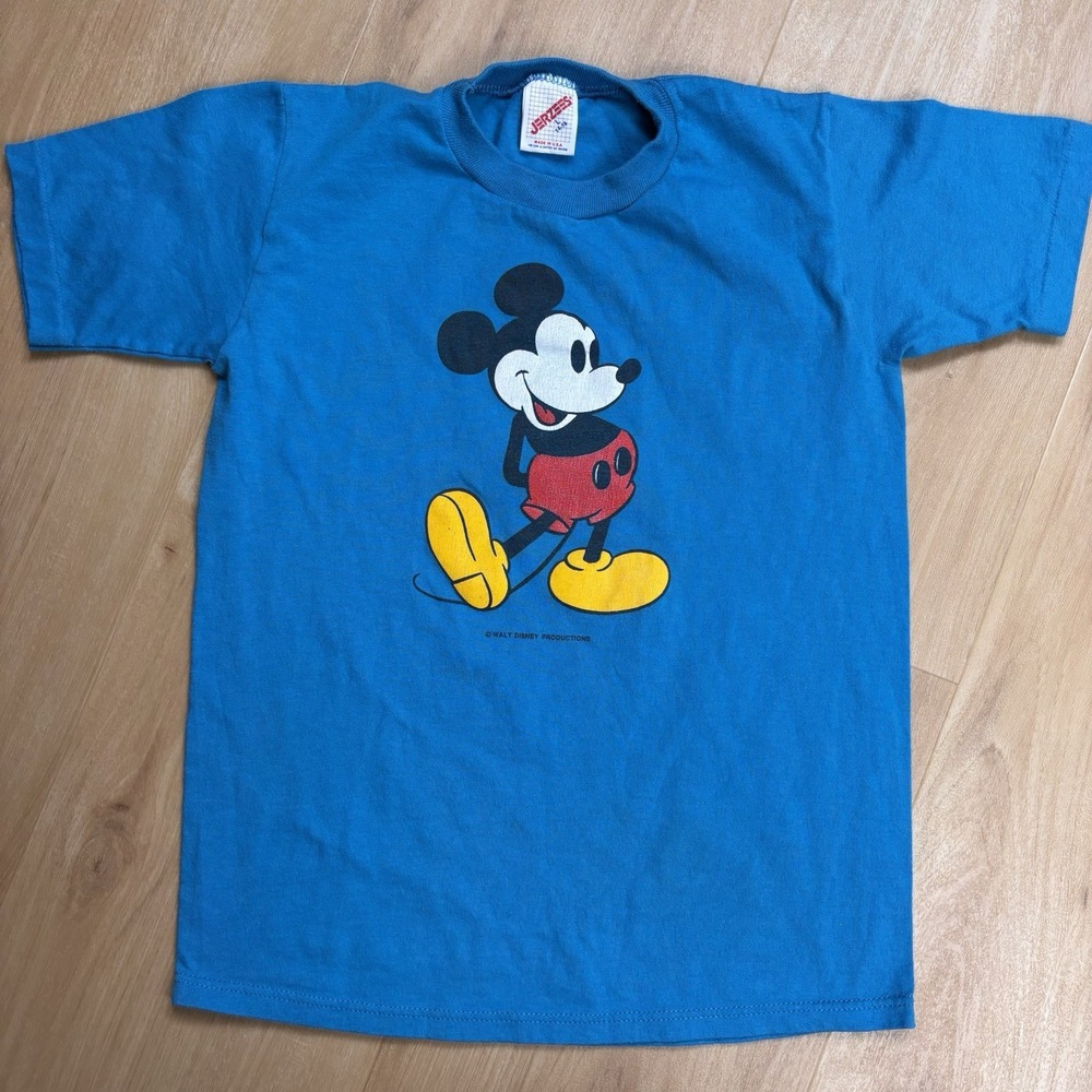 VTG Youth Mickey Mouse Shirt Large 14-16 Single Stitch Blue Teal USA Jerzees